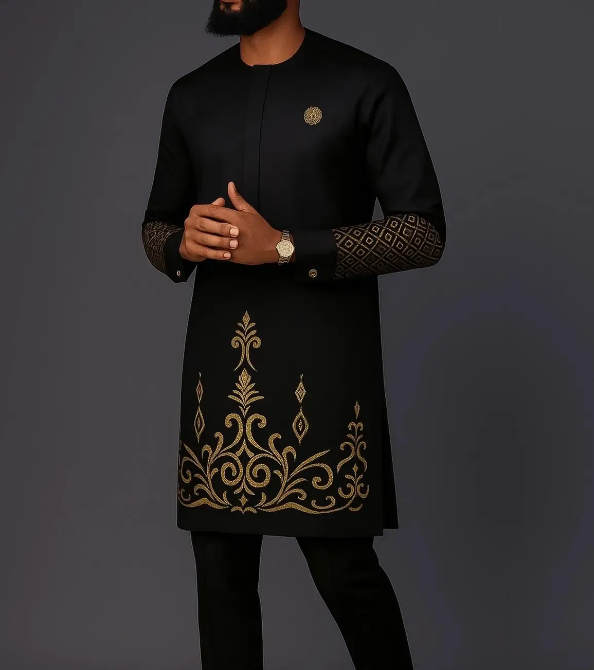 Color: Gold, Size: XXL - New Men's Tenos Wedding 2-Piece Suit Waist Pants Shirt Solid Color Panel Long Sleeve Party African Ethnic Style Clothing (M-4XL)