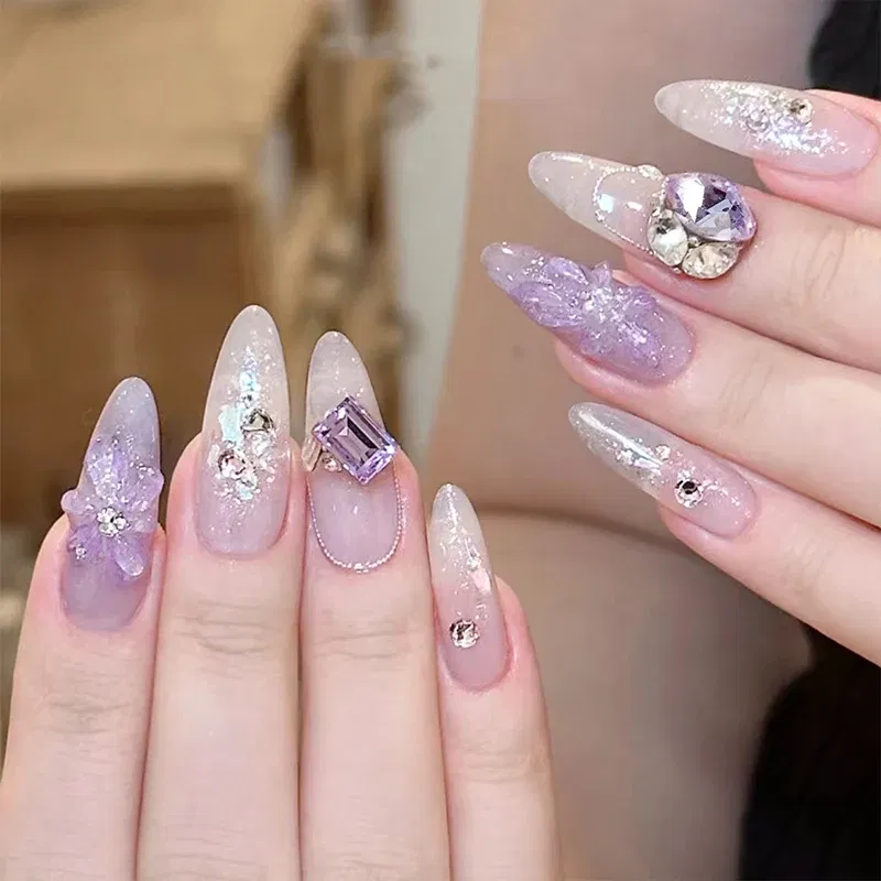 Color: WHITE - 20pcs Nail Art Light Purple Sparkling Crystal Glass Diamond Violet Pointed Bottom Bare Rhinestone Gem Nail Accessories Charms