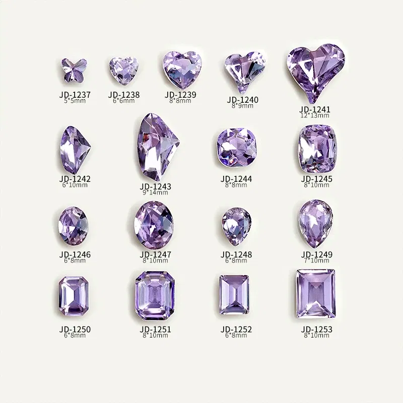 Color: WHITE - 20pcs Nail Art Light Purple Sparkling Crystal Glass Diamond Violet Pointed Bottom Bare Rhinestone Gem Nail Accessories Charms