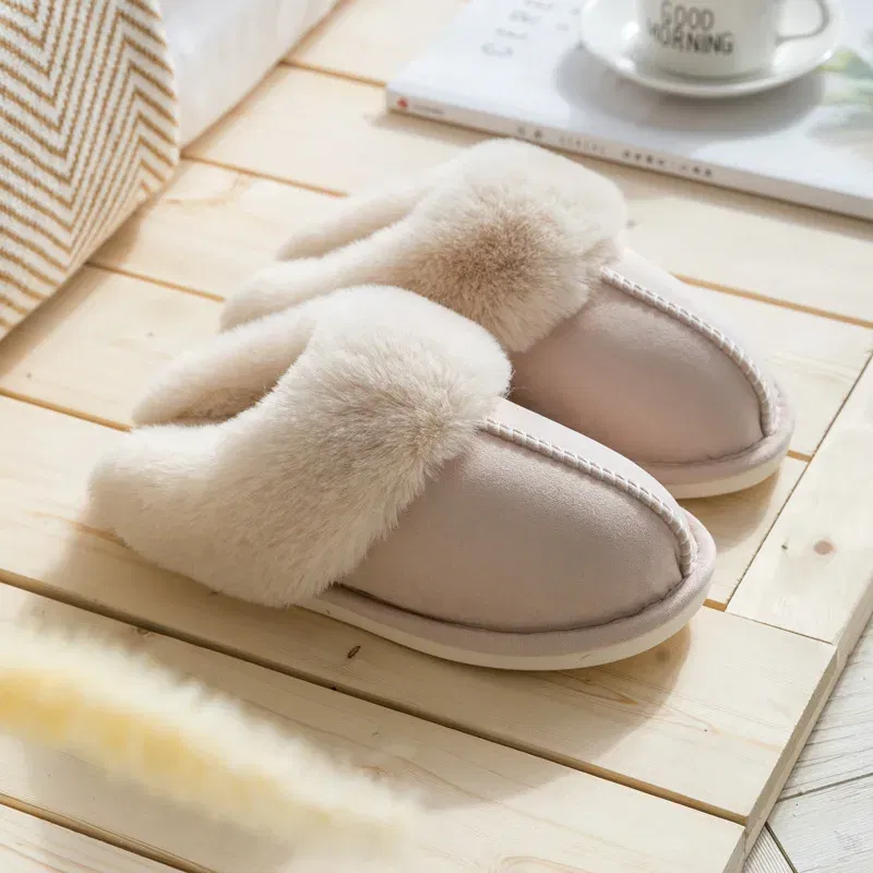 Color: Beige, Shoe Size: 40 - Women's Faux Fur Slippers 2024 New Warm Thicked Plush Bedroom Sandals Woman Comfort Soft Sole Home Couple Winter Shoes Slides