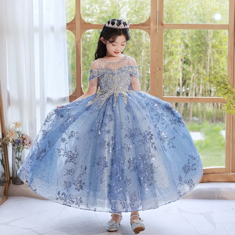 Color: Blue, Kid Size: 9 - Children's Dress Princess Dress Fluffy Gauze Flower Girl Heavy Industry Trailing Catwalk Small Host Piano Performance