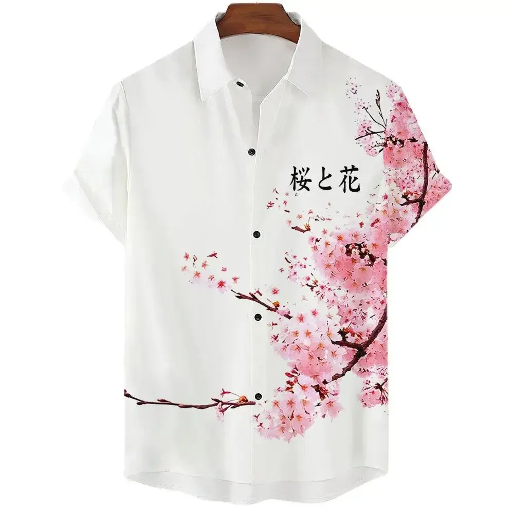 Color: Navy Blue, Size: 4XL - Fashionable Luxury Social men's Shirt Lapel button-down Shirt Casual Japanese Aesthetic Cherry Blossom Print short-sleeved Tops