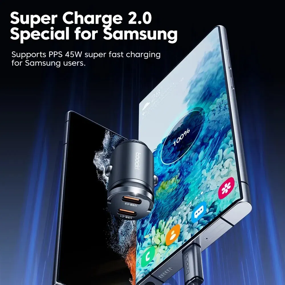 Color Name: GRAY - Toocki Mini PD 45W Car Charger Pull Ring Fast Charging USB C Phone Charger Adapter For iPhone 14 13 Pro Xiaomi Samsung Huawei