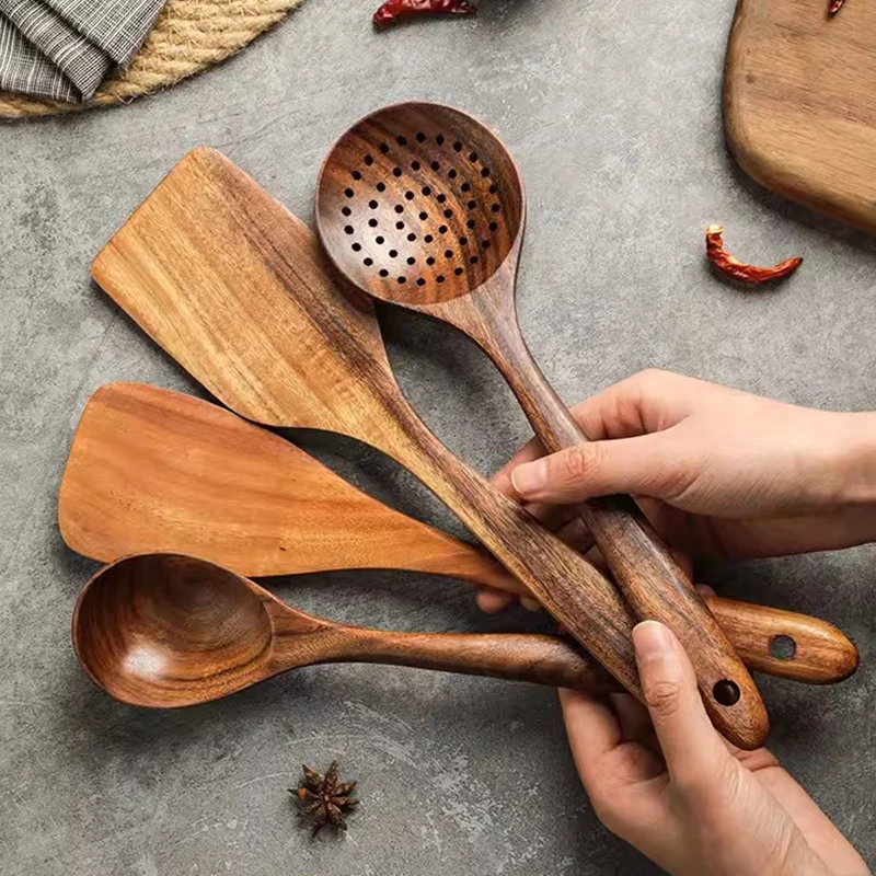 Color: multi - Teak Wooden Spatulas Kitchen Utensils Cooking Utensil Eco-Friendly Wood Spatula for Non Stick Cookware