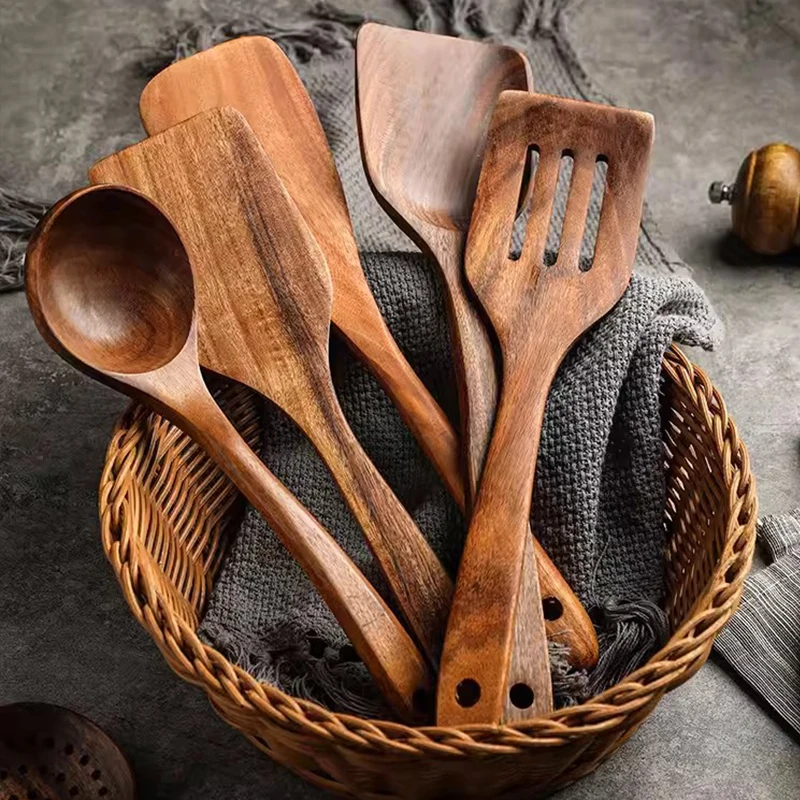 Color: multi - Teak Wooden Spatulas Kitchen Utensils Cooking Utensil Eco-Friendly Wood Spatula for Non Stick Cookware