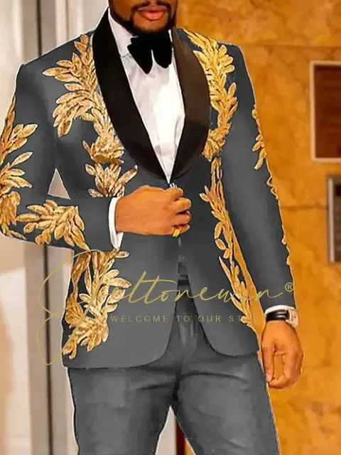 Color: Dark Grey, Size: S - Luxury Groom Wedding Tuxedos Gold Sequins Appliques Black Men Suits Slim Fit Costume Homme Marriage Prom Suits