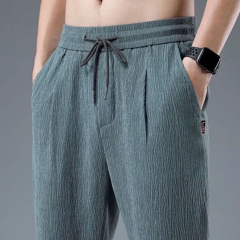 Color: green, Size: 4XL - Summer Ice Silk Man Jogger Linen Pants Casual Wide Summer Sweatpants Male Spring Lightweight Halking Harem Trousers