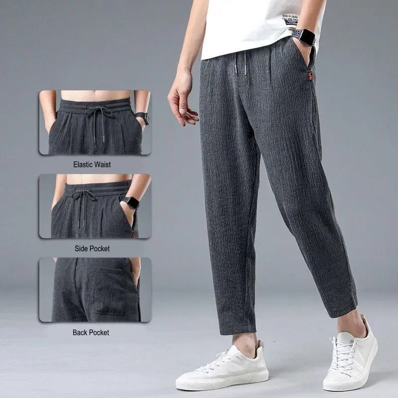Color: green, Size: 4XL - Summer Ice Silk Man Jogger Linen Pants Casual Wide Summer Sweatpants Male Spring Lightweight Halking Harem Trousers