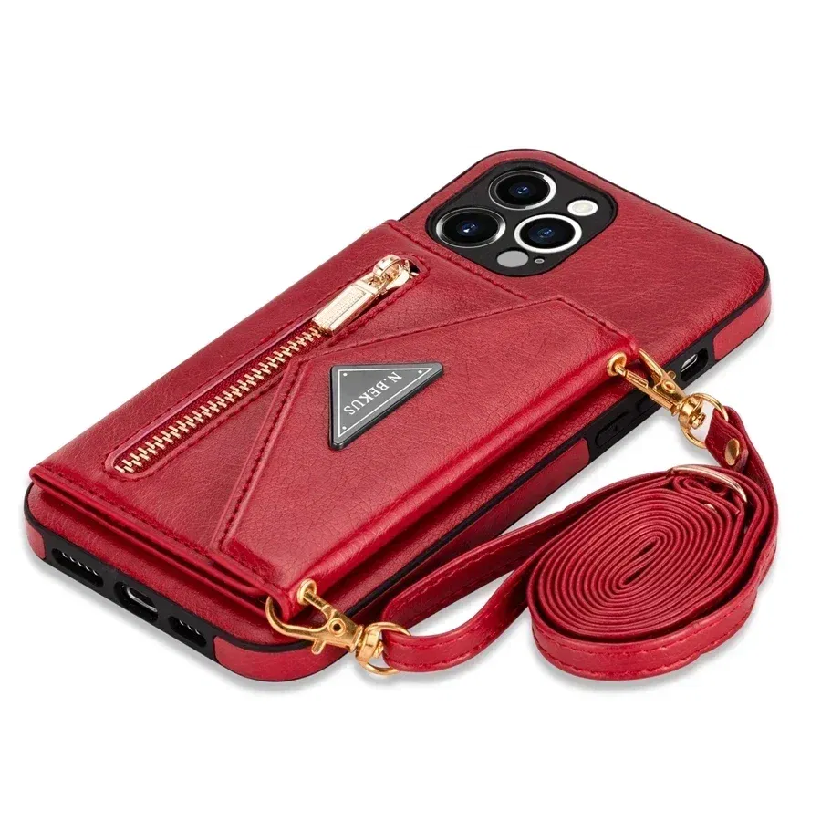 Color: Pink, Material: PC + TPU - Wallet Side Card Zipper Flip Crossbody Leather Case For iPhone 15 14 Pro Max 13 Mini 12 11 SE 2022 2020 X XS XR 8 7 6 6s Plus