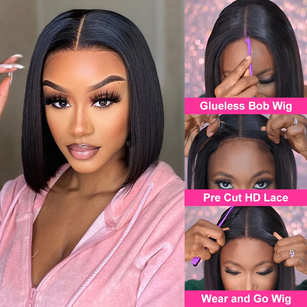Hair Color: #1, Ships From: United States, Stretched Length: 16inches, Density: 180% - Wear And Go Glueless Bob Wig Human Hair 7x5 HD Lace Closure Human Hair Pre Plucked No Glue Pre Cut Ready To Wear Frontal Wig