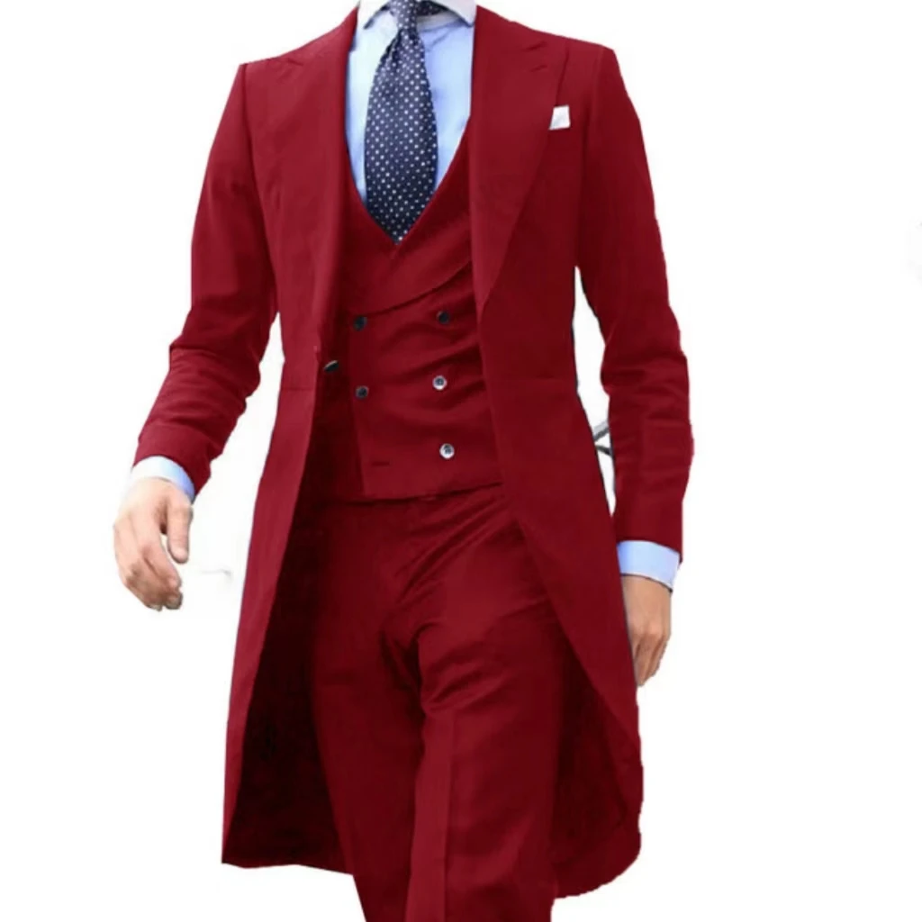 Color: black, Size: S - Elegant man suit Slim Fit Suit Luxury Formal Tuxedos Wedding 3 Pieces Blazer Vest Pants Set Long Tail Coat One Button Custom