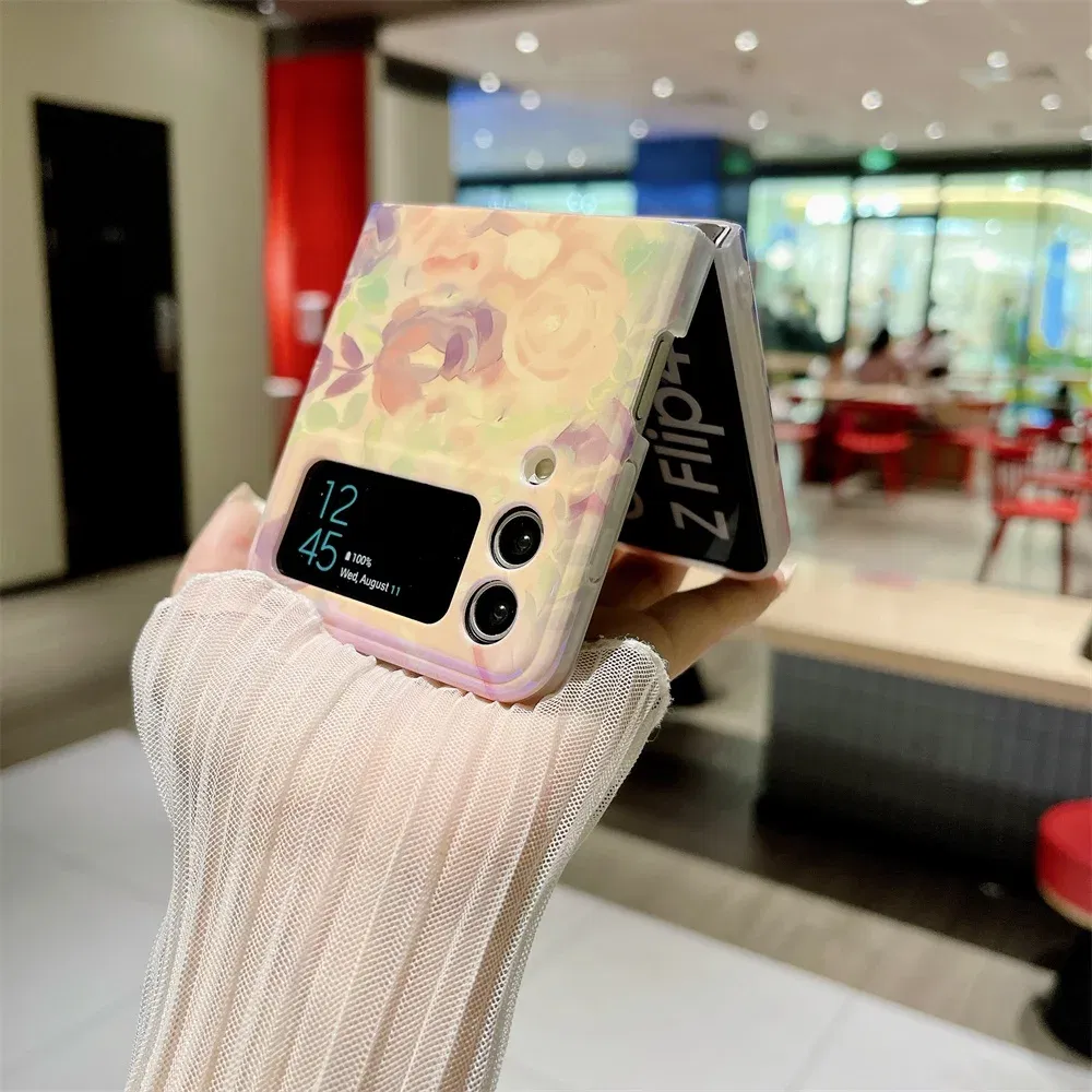Material: Cotton Fabric, Color: Beige - Cute Lazy Cat Deer Oil Painting Z Flip 3 4 5 Case Luxury for Samsung Galaxy Z Flip 4 3 5 Z4 Flip4 Flip3 Flip5 Fashion Cover