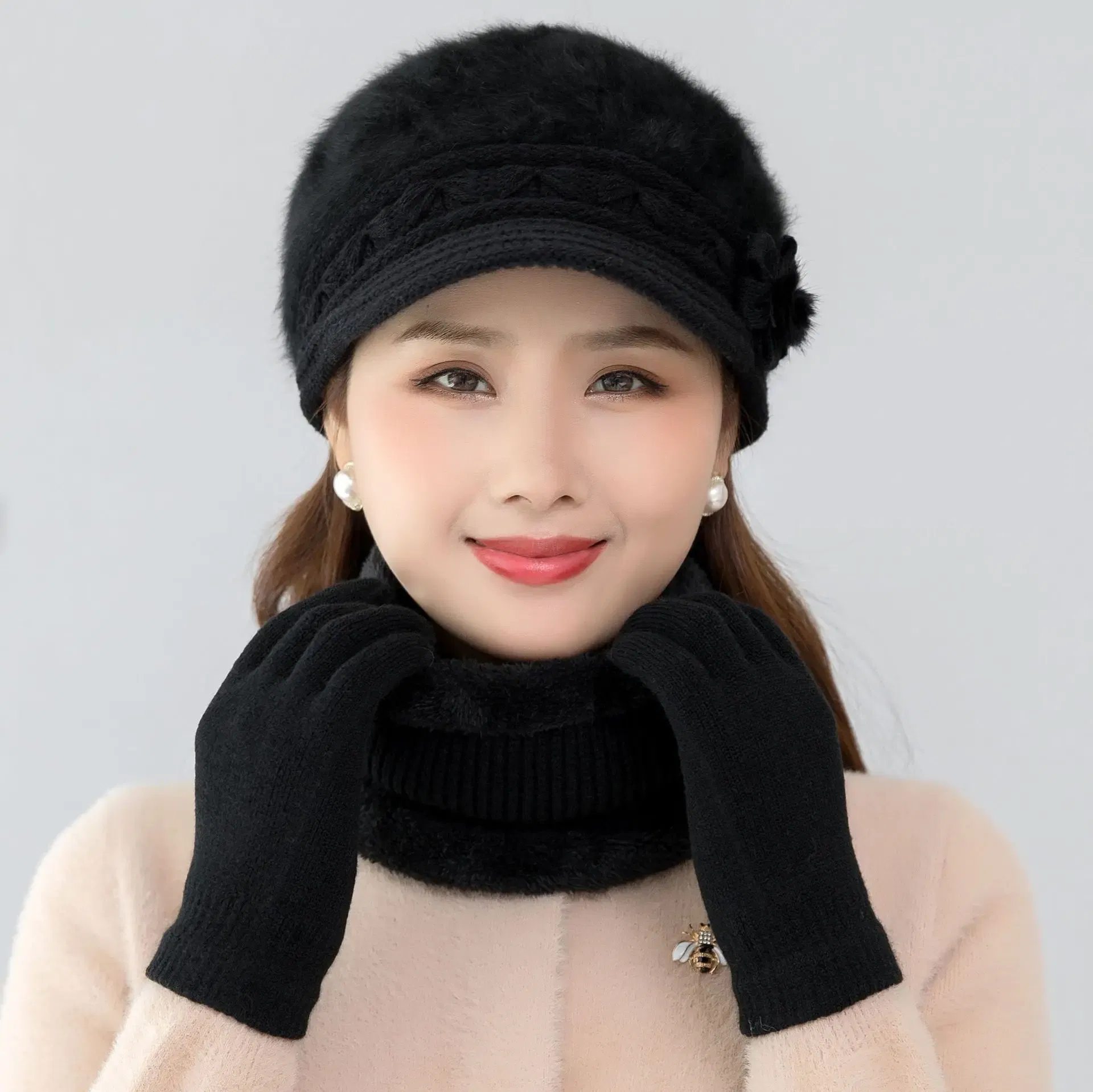 Color: Khaki - New Women Winter Hat Keep Warm Cap Add Fur Lined Hat & Scarf Warm Set Fashion Hat For Women Casual Faux Fur Flower Knitted Hat