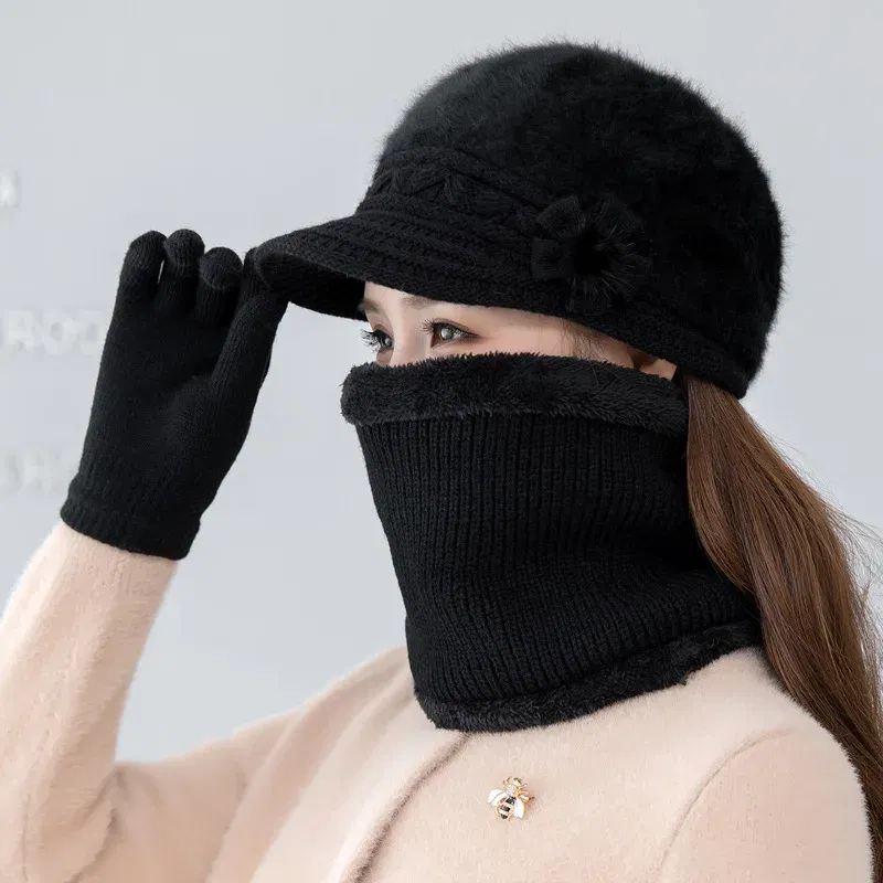 Color: Khaki - New Women Winter Hat Keep Warm Cap Add Fur Lined Hat & Scarf Warm Set Fashion Hat For Women Casual Faux Fur Flower Knitted Hat