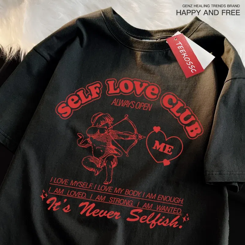 Color: Dark Grey, Size: M - Self Love Club Fun Cupid Men Women T Shirts Breathable Street Tee Clothes Cotton Summer Fashion Loose Casual Oversized T Shirt
