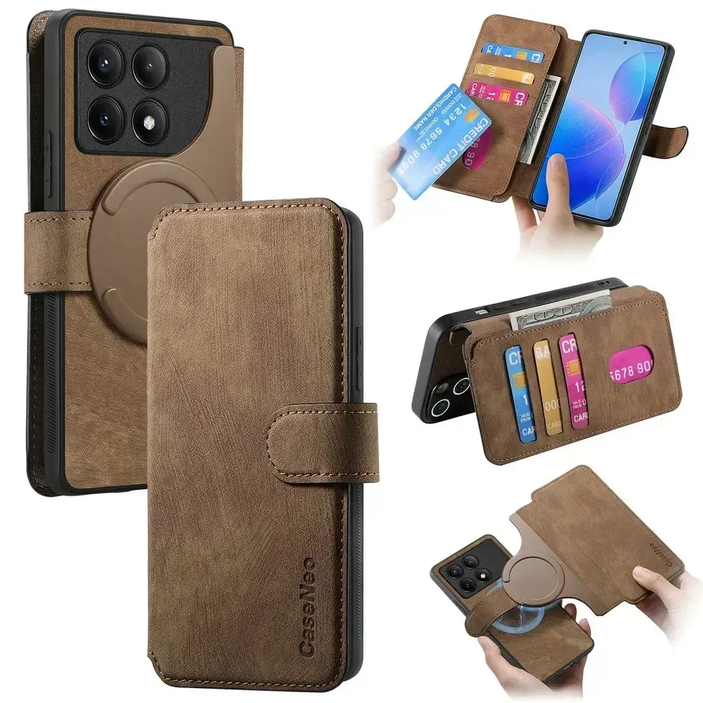 Color: Brown, Material: POLYESTER - For Poco F8 Ultra F7 X7 X6 M6 M7 Pro 5G Luxury Case RFID Leather 2IN1 Detachable Book Funda Xiaomi Poco F6 X5 X 6 F 8 Flip Cover