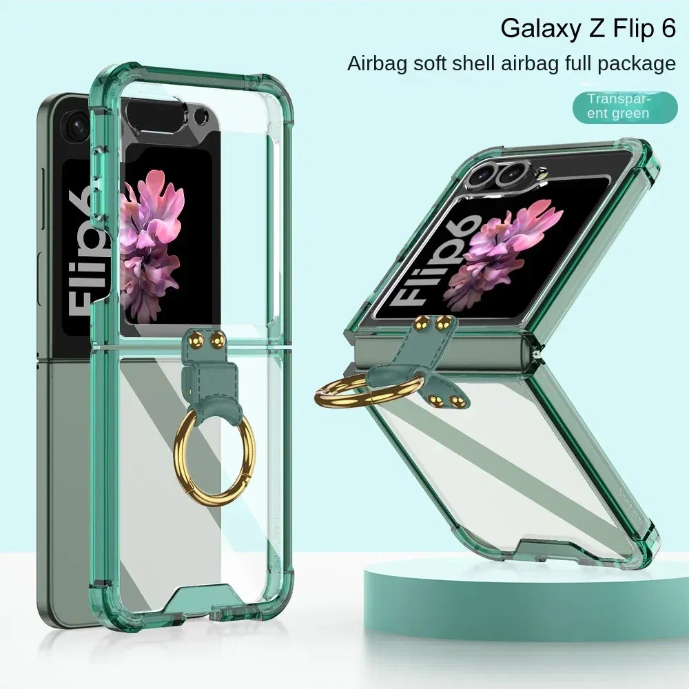 Color: Blue, Material: aluminum - Electroplated Transparent Airbag Ring Phone Case for Samsung Galaxy Z Flip 6 5 Flip6 Flip5 5G Stand Shockproof Cover