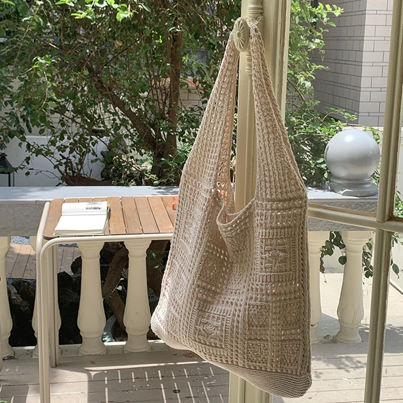 Color: black - Simple Crochet Tote Bags Fashion Hollow Knitted Women's Bags Casual Female Shoulder Bags Ladies Shopping Top-Handle Bags Handbag