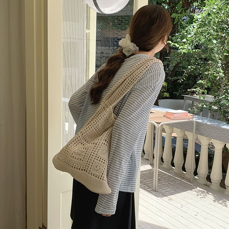 Color: black - Simple Crochet Tote Bags Fashion Hollow Knitted Women's Bags Casual Female Shoulder Bags Ladies Shopping Top-Handle Bags Handbag