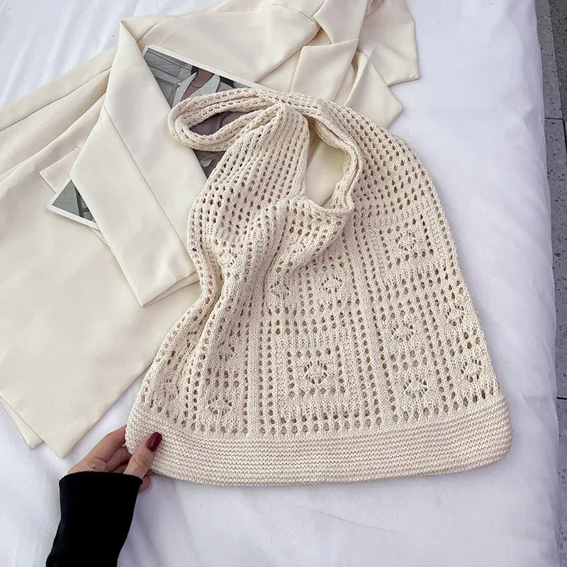 Color: black - Simple Crochet Tote Bags Fashion Hollow Knitted Women's Bags Casual Female Shoulder Bags Ladies Shopping Top-Handle Bags Handbag