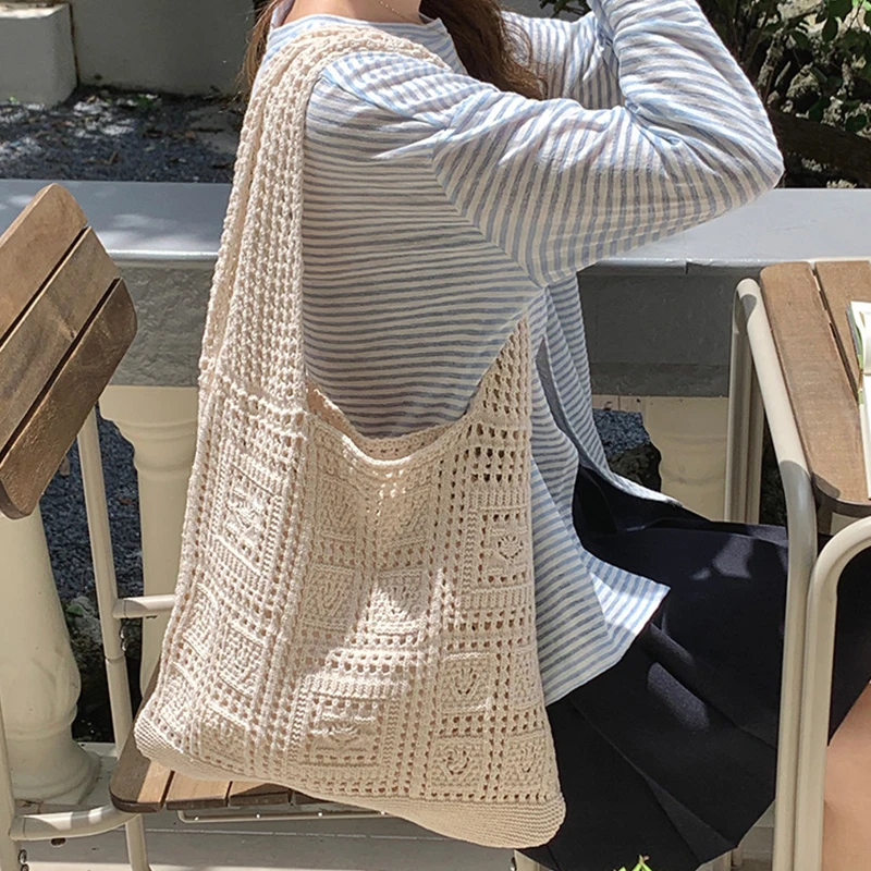 Color: black - Simple Crochet Tote Bags Fashion Hollow Knitted Women's Bags Casual Female Shoulder Bags Ladies Shopping Top-Handle Bags Handbag