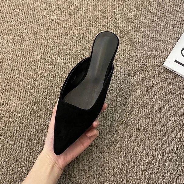 Color: black, Shoe Size: 40 - Women Slippers Pointed Toe Leopard Design Shallow Slip on Thin Low Heels Black Flock Design Casual Mules Loafers Black Outdoor