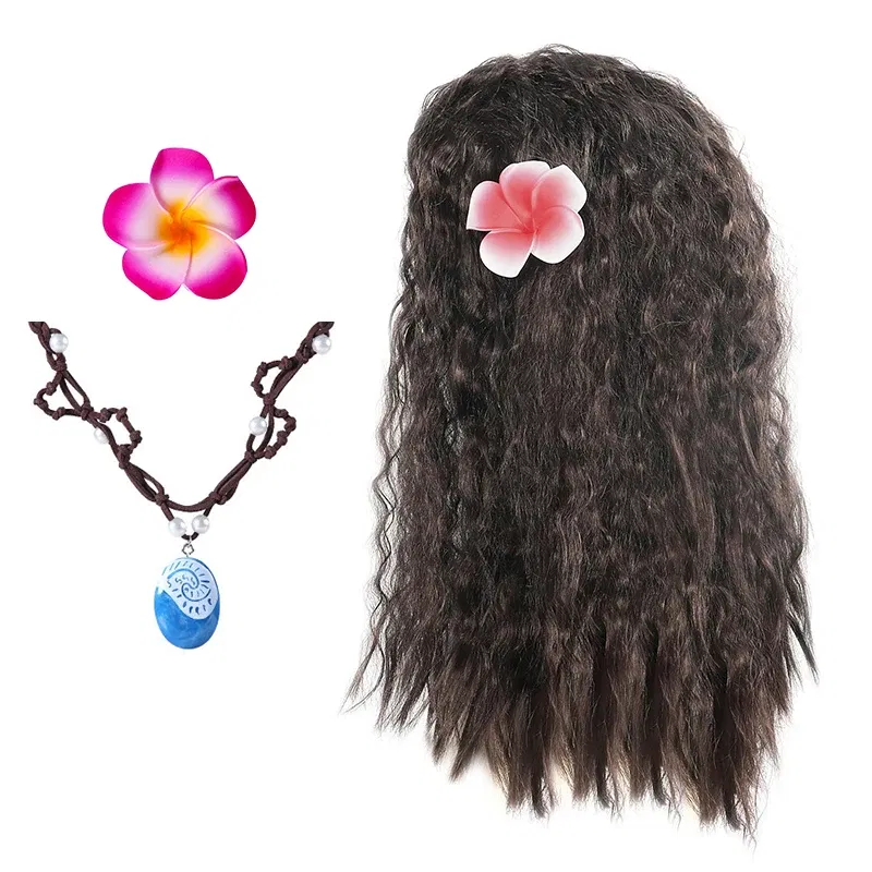 Color: Gold - Gilrs New Movie Moana 1&2 Wig and Necklace Flower Clip Dress Up Set Vaiana Costume Accessories Moana Pet Pig and Cock Xmas Gift