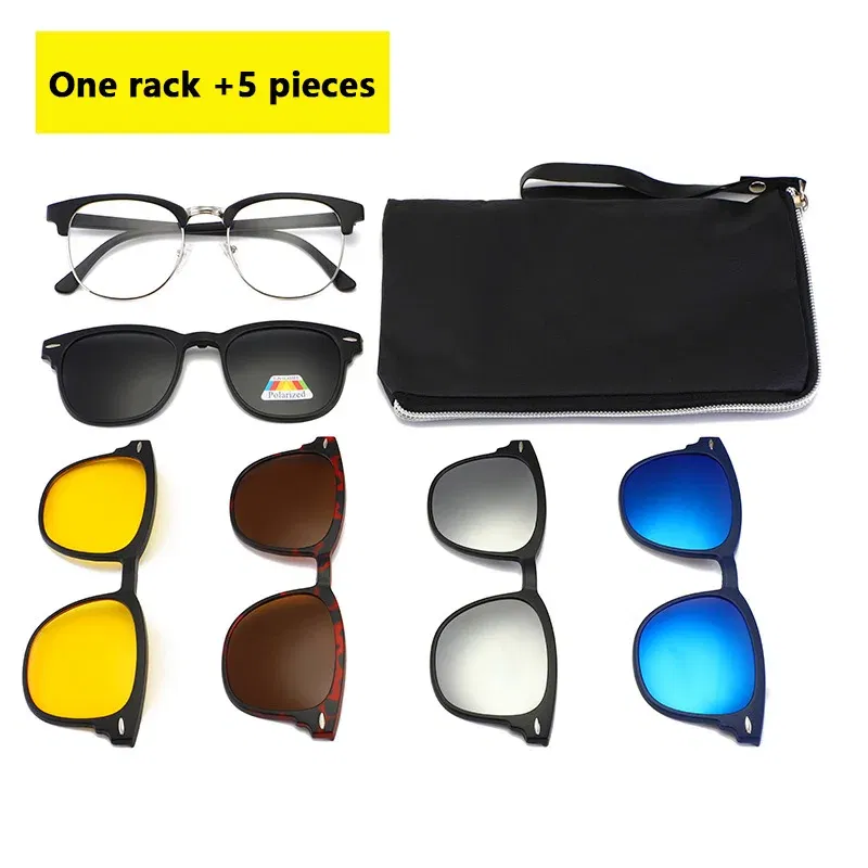 Lenses Color: Green, Ships From: CHINA, Frame Color: WHITE - 6 In 1 Spectacle Frame Men Women With 5 PCS Clip On Polarized Sunglasses Magnetic Glasses Male Computer Optical 2201