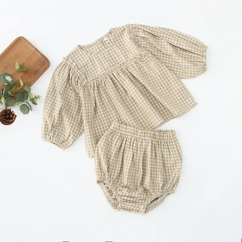 Color: Beige, Kid Size: 24M - Infant Baby Boys Girls Clothes Set Spring Autumn Kids Baby Boys Girls Long Sleeve Grid T-shirt + Shorts 2pcs Toddler Clothes