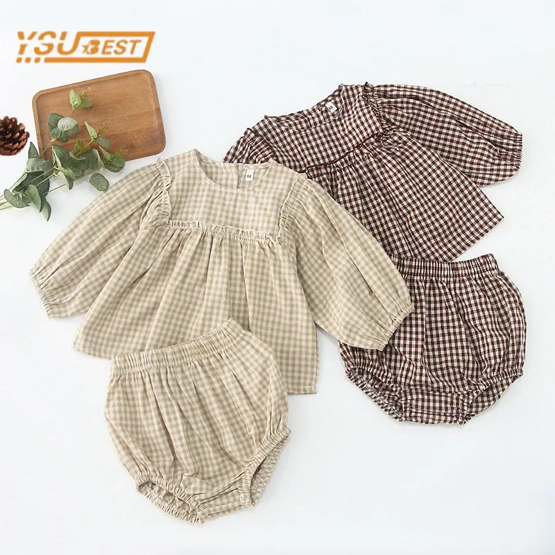 Color: Beige, Kid Size: 24M - Infant Baby Boys Girls Clothes Set Spring Autumn Kids Baby Boys Girls Long Sleeve Grid T-shirt + Shorts 2pcs Toddler Clothes