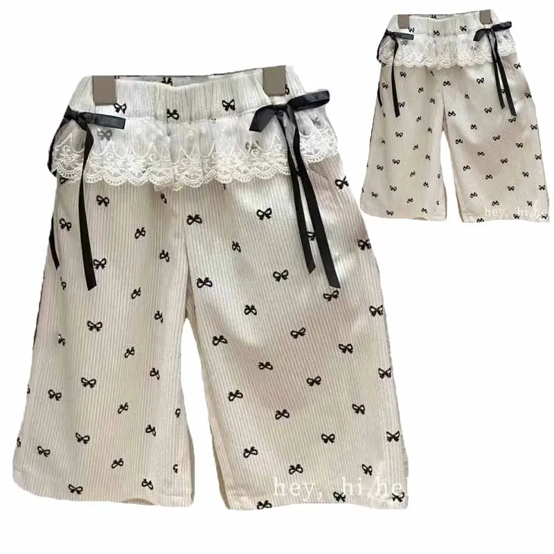 Color: Beige, Kid Size: 6T - New Girls Bow Print Pants Spring Kids Wide-leg Trousers Fashion Elastic Loose Pants Autumn Children Bowknot Trousers 2-8 Years
