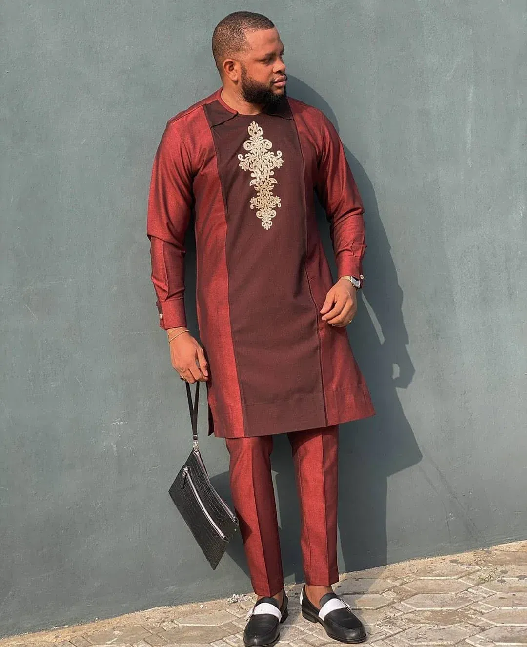 Color: Red, Size: XL - 2025 New men's suit, white pocket, 2-piece set, luxury wedding casual suit, traditional African style of ethnic minorities