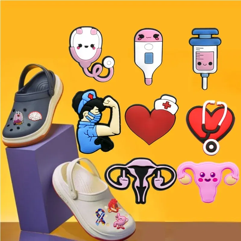 Color: PEACOCK BLUE - 1pcs Medical Clog Accessories Stethoscope Syringe Gibit Shoe Charm Clog Pins Teeth Uterus Nurse Clips Jeans Girl Women Gift