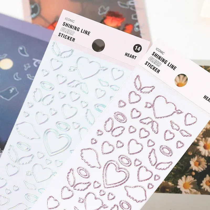 Color: Dark Grey - 1 Sheet Transparent Flash Laser Line Stickers Decorative Stationery DIY Scrapbooking Material Pvc Stickers Cute Album Stick