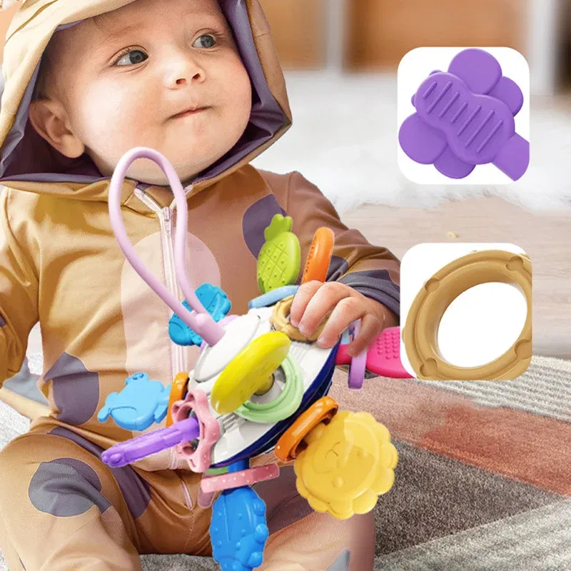 Color: Sky blue - Montessori Baby Toys 0 12 Months Rotating Rattle Silicone Teething Toys Ball Grasping Activity Development Baby Sensory Toy
