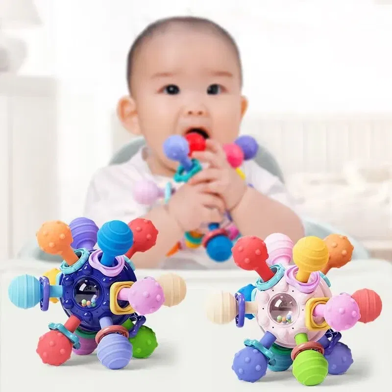 Color: Sky blue - Montessori Baby Toys 0 12 Months Rotating Rattle Silicone Teething Toys Ball Grasping Activity Development Baby Sensory Toy