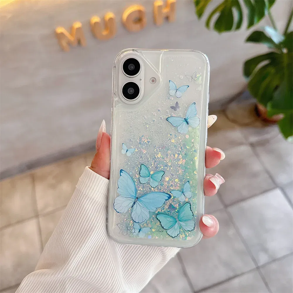 Color: Blue, Material: Microfiber - Luminous Quicksand Glitter Butterfly Case for iPhone 16 15 14 Pro Max Plus 13 12 Mini 11 X Xs XR Soft Silicone Bling Shiny Cover