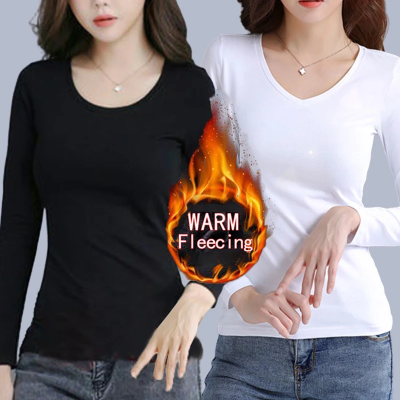 Color: green, Size: XXL - O Neck Long Sleeve Fleeceing Heating Fiber Thermal Basic T-Shirts Women Winter Bottoming Cropped Tops Casual Skinny All-match