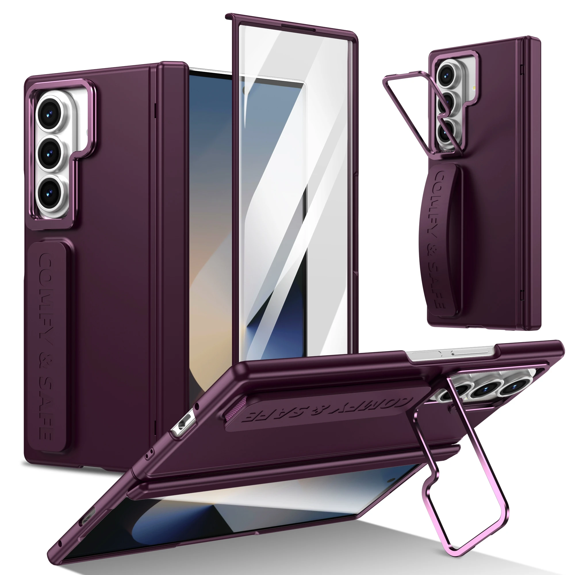 Color: Brown, Material: aluminum - For Samsung Galaxy Z Fold 7 6 5 4 3 Wristband Hinge Lens Holder Phone Case Outer Screen Glass Film Protection Shockproof Cover