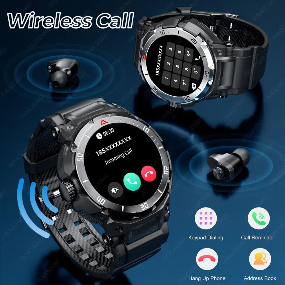 Color: Black - New 3 in 1 Smart Watch for Men With TWS Headset Rugged Military Bluetooth Call Fitness Tracker IP67 Waterproof for Android iOS