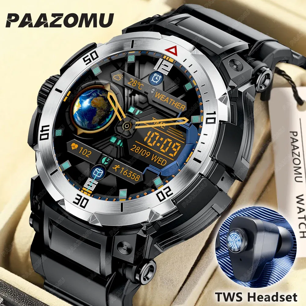 Color: Black - New 3 in 1 Smart Watch for Men With TWS Headset Rugged Military Bluetooth Call Fitness Tracker IP67 Waterproof for Android iOS
