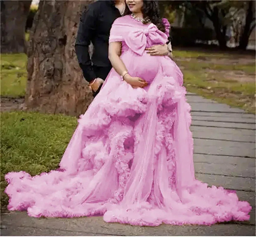 Color: Pink, Maternity Size: 6, Ships From: CHINA - BIG BOW Tulle Ruffle maternity dresses photoshoot baby shower п?»?°?‚ь?µ д?»я ?±?µр?µм?µнн?‹?… فس?§تي?† ??&
