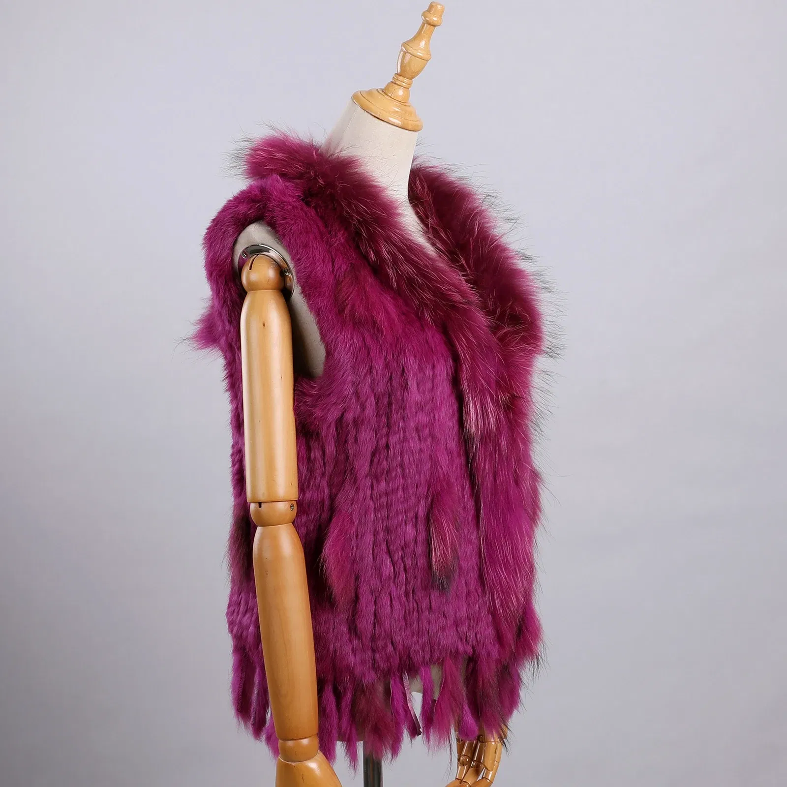 Color: Fuchsia, Size: M - Luxury Women's Genuine Premium Long Hair Rabbit Fur Knit Vest Raccoon Fur Trim Gilet Lady Sleeveless Waistcoat Real Fur Jacket