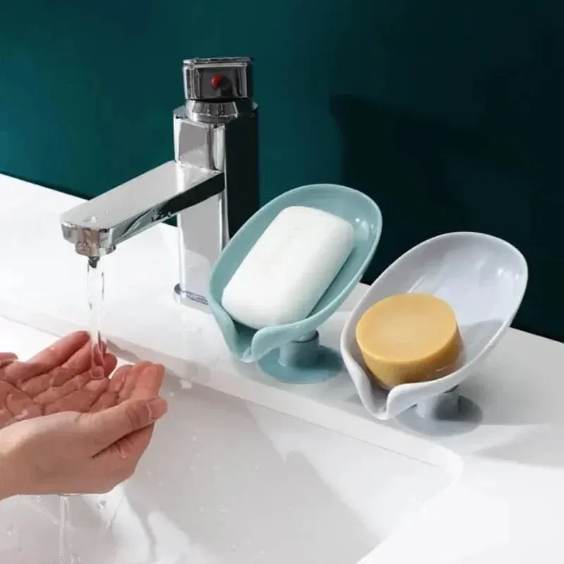 Color: Sky blue - 1-2Pcs Drain Soap Holder Bathroom Items Leaf Shape Wall Soap Dish for Bathroom Punch-free Suction Cup Standing Things the Home