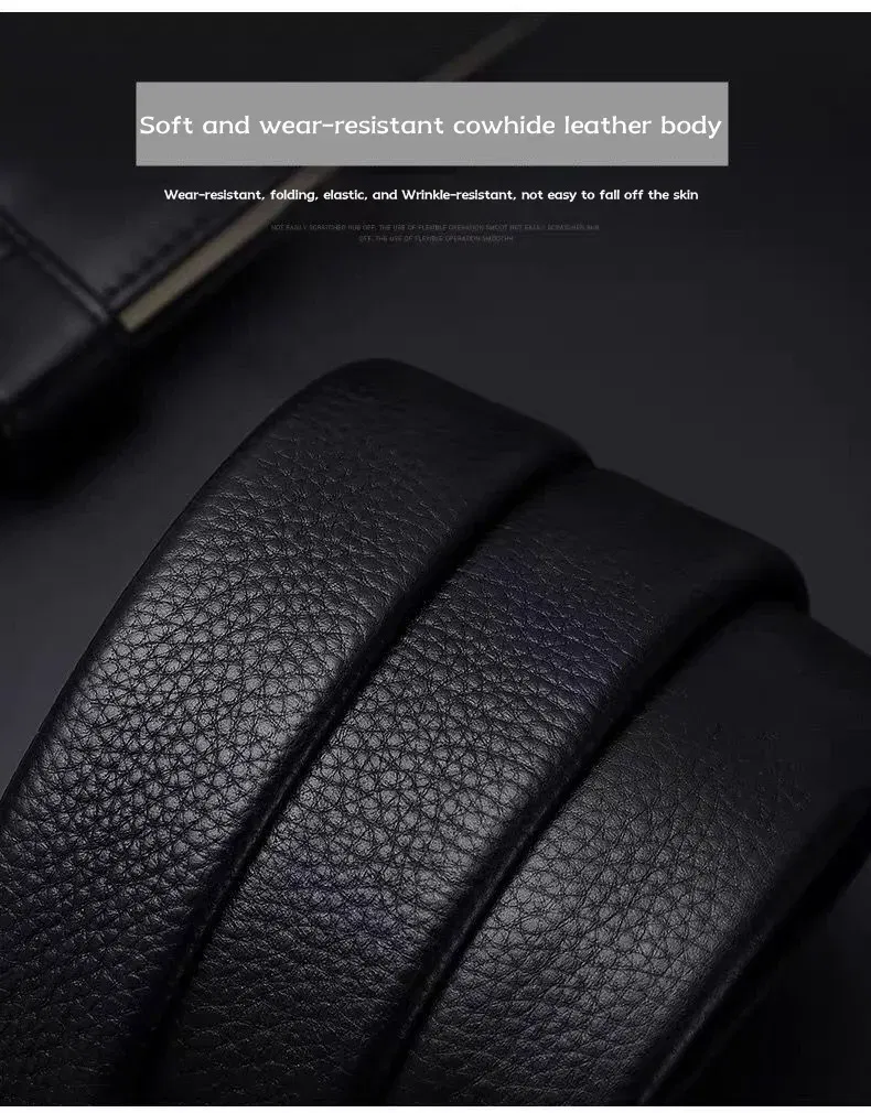 Color: WHITE, Belt Length: 130cm - Cowhide belt, men's leather belt, automatic buckle, men's top layer, high-end trendy buckle