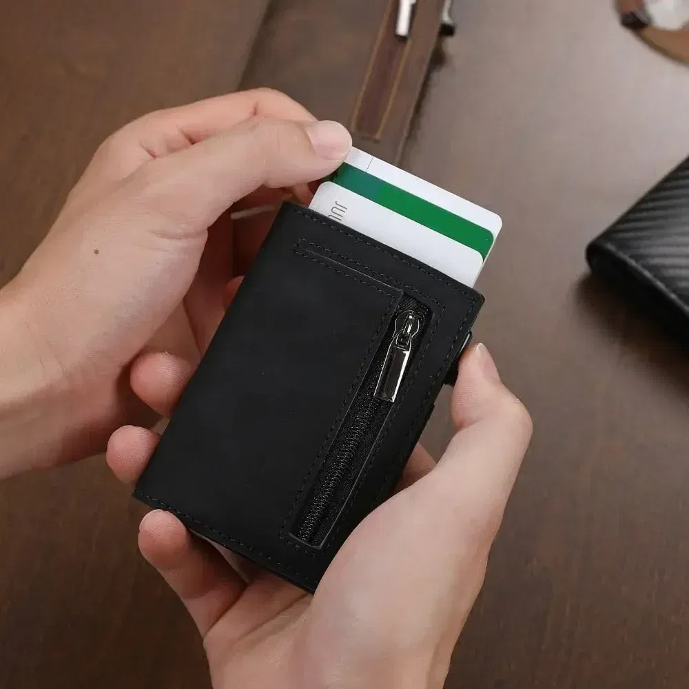 Color: black - RFID Blocker Minimalistic Men Wallet Business Credit Card Holder Carbon Fiber Leather Wallets Small Male Purse Cardholder Case