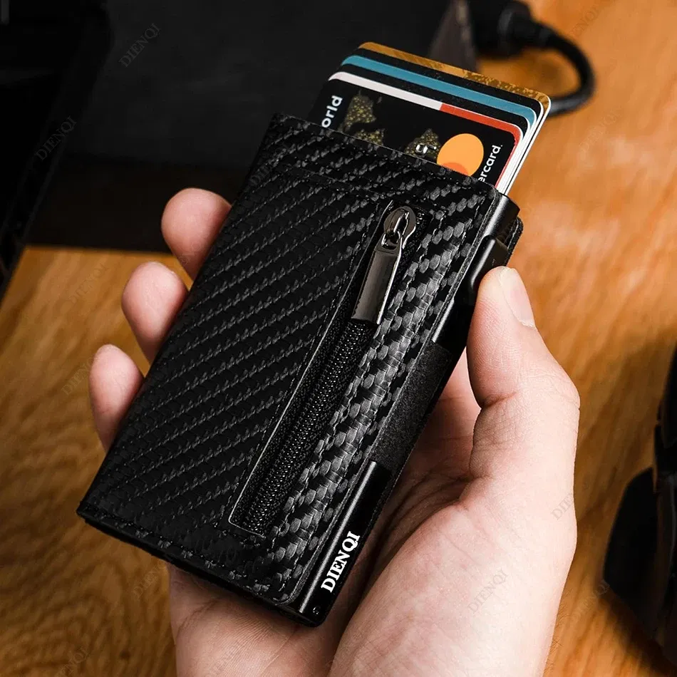 Color: black - RFID Blocker Minimalistic Men Wallet Business Credit Card Holder Carbon Fiber Leather Wallets Small Male Purse Cardholder Case