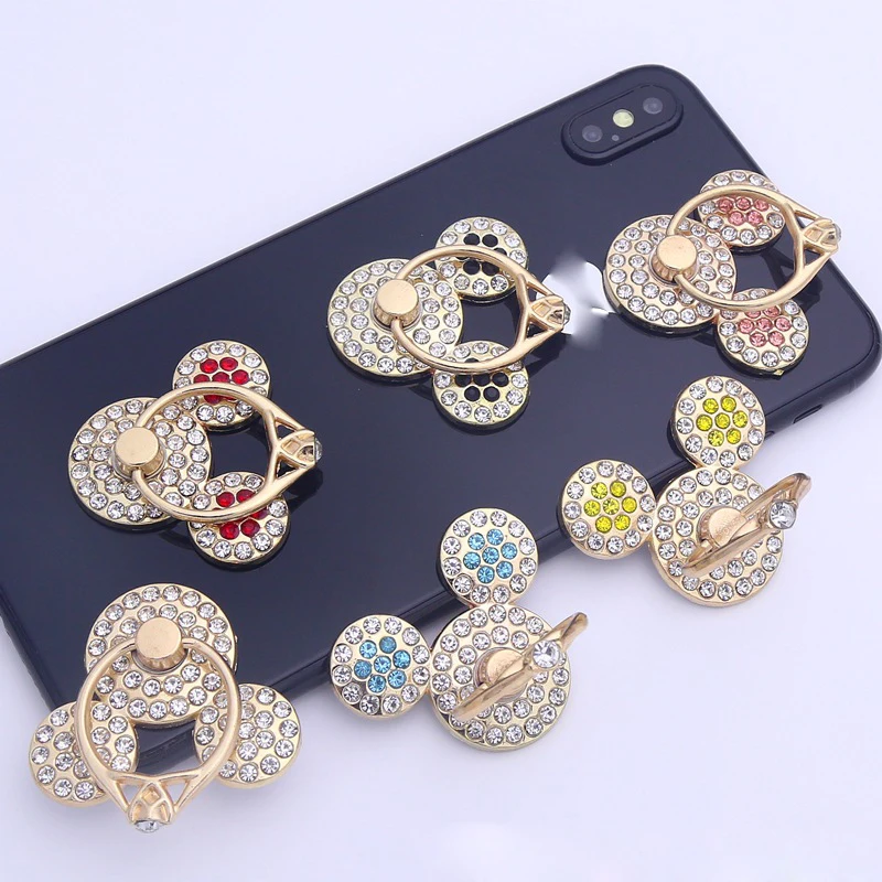 Color: Red - Cute Anime Mickey Mouse Minnie Phone Finger Ring Holder With Diamond Kawaii High Quality Mobile Stand For Iphone 13 14 Huawei