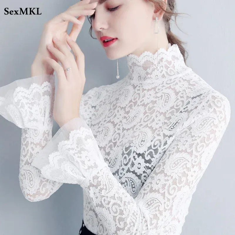 Color: black, Size: M - Sexy Transparent Long Sleeve Top Women 2025 Fashion Autumn Winter Basic Lace Blouses White Black Hollow Blusas Mujer Oversized