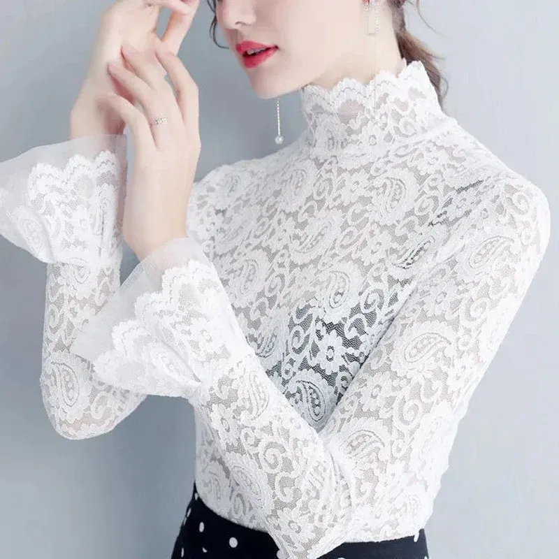 Color: black, Size: M - Sexy Transparent Long Sleeve Top Women 2025 Fashion Autumn Winter Basic Lace Blouses White Black Hollow Blusas Mujer Oversized